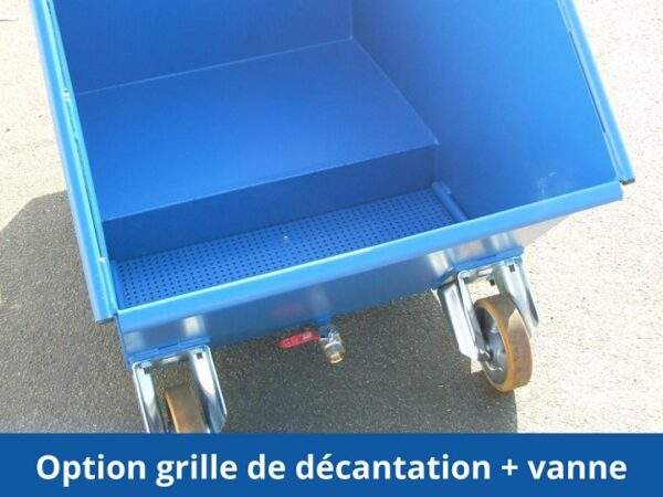 Blue shavings bin with grate, decanter and valve