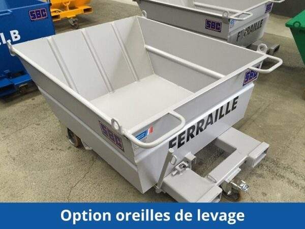 Benne blanche pour déchets métalliques sur roues avec oreilles de levage